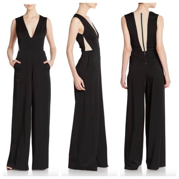 Alice + Olivia Londyn Sheer Panel V-Neck Sleeveless Wide Leg Jumpsuit in Black 2 - Picture 2 of 12